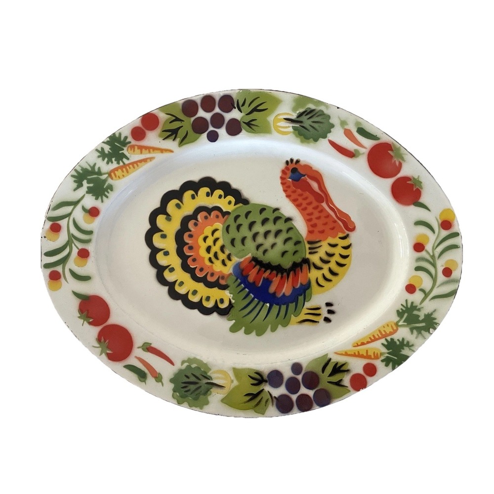 Vintage Enamelware Turkey Veggies Oval Serving Tray 18x14"‎ Platter Colorful